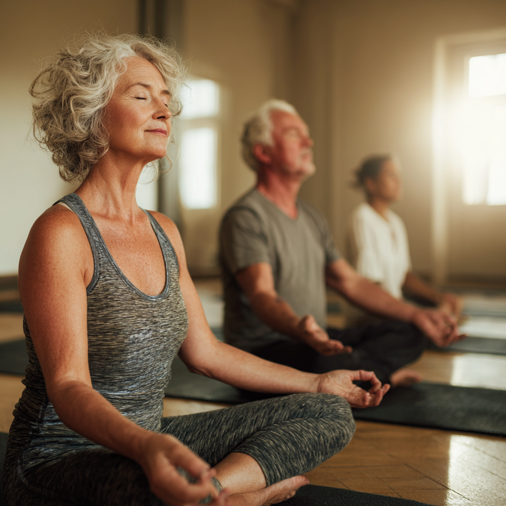 Mature adults practicing gentle yoga poses in natural light setting