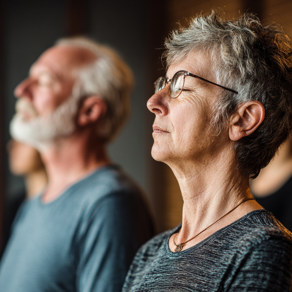 Middle-aged adults practicing mindful breathing techniques in serene environment